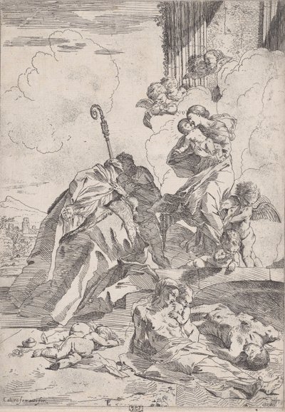 Tre Lucchese-helgener som går i forbønn med Jomfruen for ofrene for pesten...., ca. 1630-31. av Pietro Testa