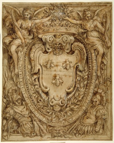 Arms of Don Taddeo Barberini, Principe di Palestrina (penn og blekk med vask og gouache på papir) av Pietro da Cortona