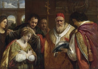 Flavia Domitilla eller Saint Domitilla (død etter 95) mottar sløret fra pave Clement I (Sankt Clement av Roma, død rundt 99) - Saint Domitilla mottar sløret fra pave Clement I - Cortona, Pietro da (1596-1669) - Olje på lerret - 123x172,7 - Privat av Pietro da Cortona