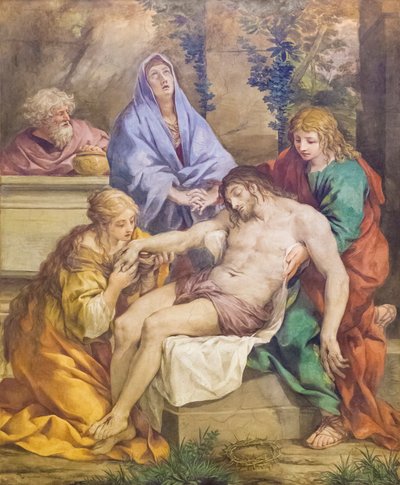 Pieta mit der Madonna, Johannes dem Täufer, Maria Magdalena und Nikodemus (Fresko) von Pietro da (1596-1669) Cortona