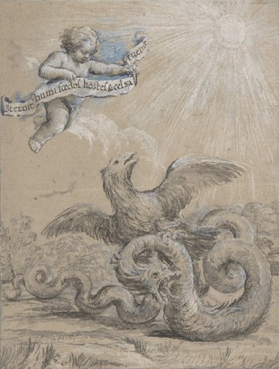Design med en ørn som kjemper med en slange og en putto i himmelen Holding..., 1600-tallet. av Pietro da Cortona