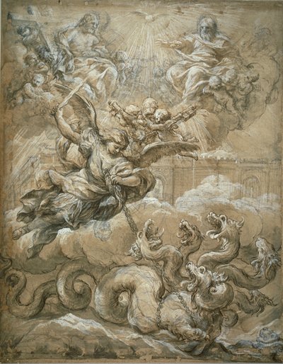 Den hellige treenighet med Saint Michael som erobrer dragen, 1666 av Pietro da Cortona