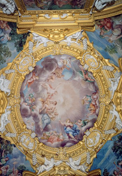 Sala di Apollo Hall of Apollo detalj av takdekorasjonen som viser Cosimo I deMedici 1519-74 som presenteres for Apollo, fresco ca. 1647 av Pietro da Cortona