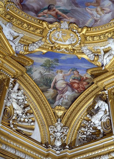 Sala di Apollo Hall of Apollo detalj av hengende skildring av musene Calliope og Melpomene, freskomaleri ca. 1647 av Pietro da Cortona