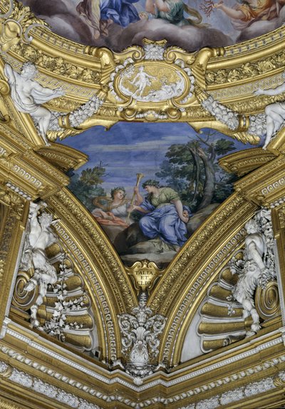 Sala di Apollo Hall of Apollo detalj av pendentiv som viser musene Thalia og Clio, freskomaleri ca. 1647 av Pietro da Cortona