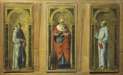 Tre paneler - Saint Francis, Saint Hieronymus og Saint Anthony of Padua, ca. 1480 (tempera på panel) av Pietro di Francesco degli (circle of) Orioli