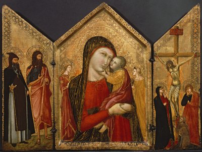 Madonna and Child, the Crucifixion, and Saints, ca. 1340-1370 (tempera og bladgull på panel) av Pietro follower of Lorenzetti