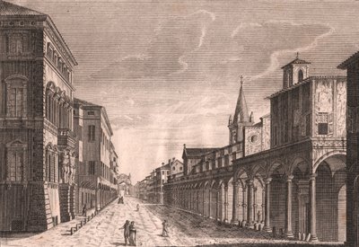Utsikt over Strada Maggiore i Bologna, Emilia-Romagna, Italia, kobberstikk av C Lambertini etter en tegning av Pio Panfili (1723-1812), ca 13,5x19 cm av Pio Panfili