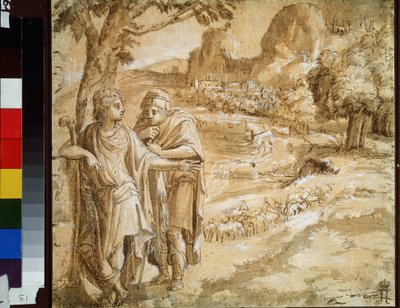 "Shepherd And Pilgrim In A Landscape" (Shepherd And Pilgrim In A Landscape) Akvarell og blekk av Pirro Ligorio (1510-1583) Circa 1550 Pushkin Museum, Moskva av Pirro Ligorio