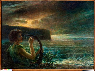 Fullmåne, hyllest til en feminin guddom, spiller lyre i et havlandskap med stormfull himmel (olje på lerret av Plinio Nomellini