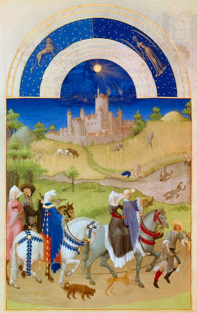 August: Herrer går gjennom jordene mens bøndene tar seg av innhøstingen og bader. Nederst: slottet Etampes. Miniatyr i «The very rich hours of the Duke of Berry» av Pol De Limburg (1400-tallet). Chantilly, Musee Conde av Pol de Limbourg
