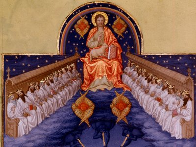 Saint John a Patmos. "" Miniatyr i "" The very rich hours of the Duke of Berry"" av Pol De Limburg (1400-tallet). Chantilly, Musee Conde av Pol de Limbourg