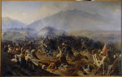 Beleiringen av Akhty i 1848. Kampscene i fjellene i Nord-Kaukasus, mellom den russiske hæren og troppene til Imam Shamil (Shamil) (1797-1871), som ledet sine krigere i et ønske om uavhengighet og av religiøse grunner ( Jihad). Malt av Polidor Ivanovich Babaev