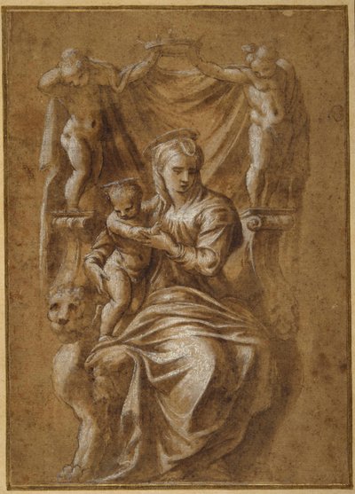 The Madonna and Child troner (penn og brunt blekk med kroppsfarge på papir) av Polidoro da (follower of) Caravaggio