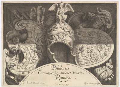Divers Trophées våpentroféer etter fasaden til Palazzo Milesi i Roma, 1651 av Polidoro da Caravaggio