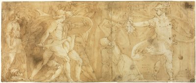 Perseus med hodet av Medusa, gjør Phineus og hans tilhengere til stein av Polidoro da Caravaggio