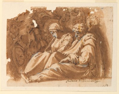 Sittende figurer med trofé av Polidoro da Caravaggio