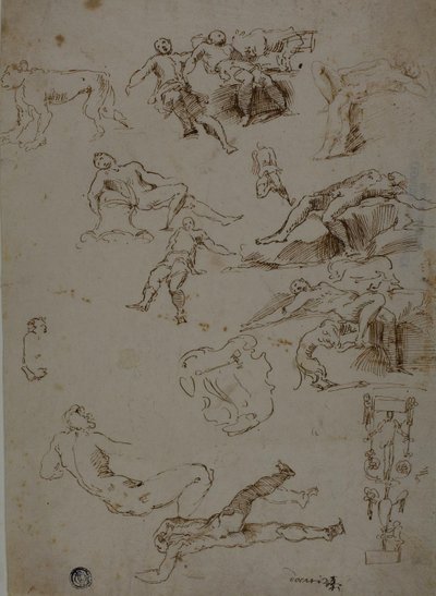 Skisser av mannlige nakenbilder, dyr og dekorative detaljer av Polidoro da Caravaggio
