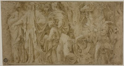 Historien om Niobe: Niobe mottar gaver fra tilbedere; Ungdom med hest av Polidoro da Caravaggio