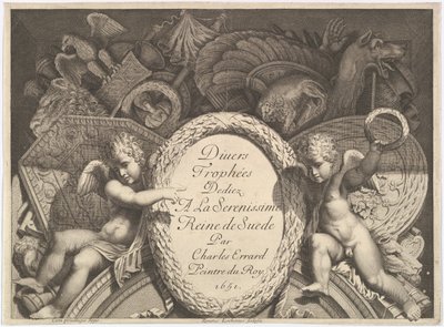 Tittelside til Divers Trophées Weapon Trophies etter fasaden til Palazzo Milesi i Roma, 1651 av Polidoro da Caravaggio