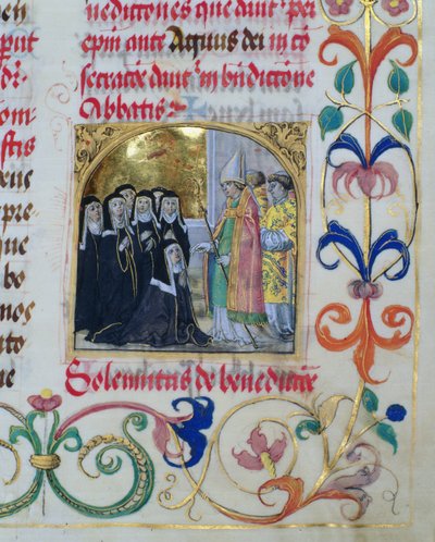 Bishop Blessing the Nuns fra den pavelige biskop Erasmus Ciolek, ca. 1510 (tempera og gull på pergament) av Polish School
