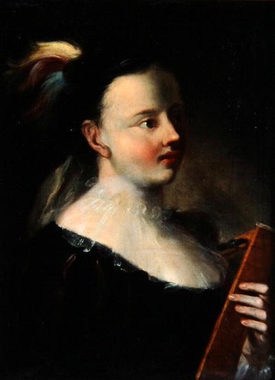 Dame med Kitara (olje på lerret) av Polish School