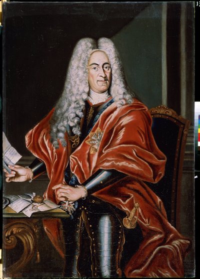 ""Portrait Of Aristocrat"" Portrett av en ukjent polsk mann, sannsynligvis en statsmann, av velstående forhold, iført parykk og iført rustning. Han bærer kors av adelsordenen og presenterer et brev adressert til Storkansleren. Maling av Polish School