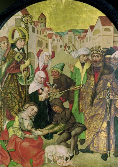 St. Stanislas (1030-79) ser på straffen av utro koner som befalt av kong Boleslas II (1039-81) panel fra altertavlen til St. Stanislas av Polish School