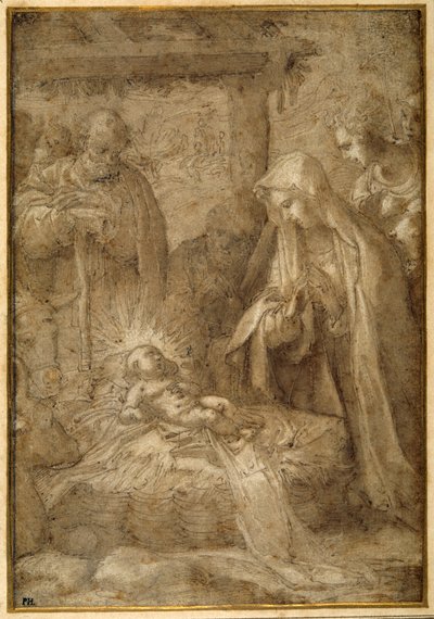 Hyrdenes tilbedelse (metalpoint, penn og blekk med vask og gouache på papir) av Pompeo (fl.1569 71) (attr. to) Cesura