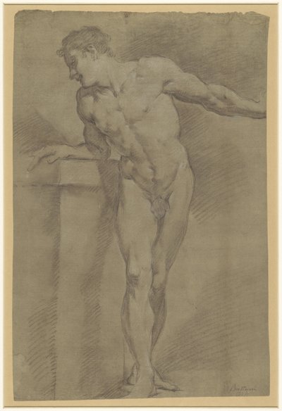 Studie av en stående mannlig modell lent mot en brystning av Pompeo Batoni