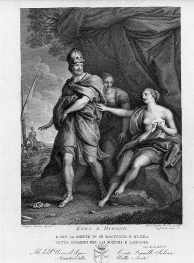 Eneide de Virgil (70 f.Kr.-19 f.Kr.), Bok IV, de trojanske heltene Enee forlater Didon som desperat selvmord. Gravering etter et maleri av Pompeo Batoni (1708-1787) av Pompeo Girolamo (after) Batoni