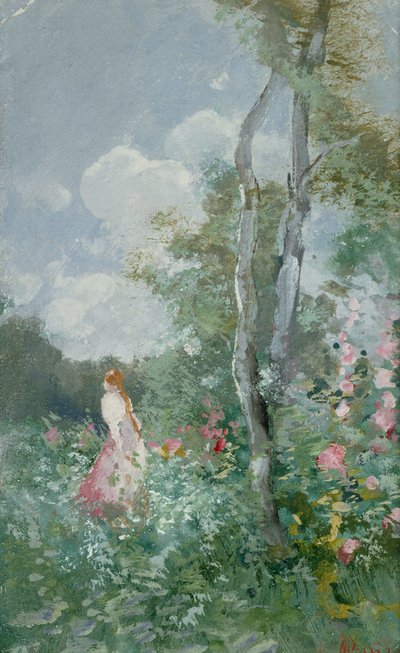 A Girl Walking in a Wooded Glade (kroppsfarge på papir) av Pompeo Mariani