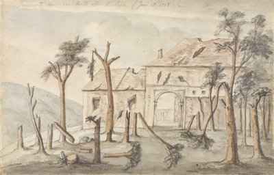 Hougoumont tegnet en måned etter aksjonen 18. juni 1815, juli 1815 (blyant og wc på papir) av Ponsonby