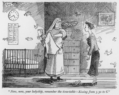 "Nå, nå, din dame, husk timeplanen, Kyssing fra 5.30 til 6" (litho) av Pont