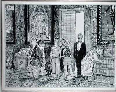 Den britiske karakteren: stor interesse for historiske hus, illustrasjon fra Punch, publisert 8. juli 1936 (penn og blekk på papir) av Pont
