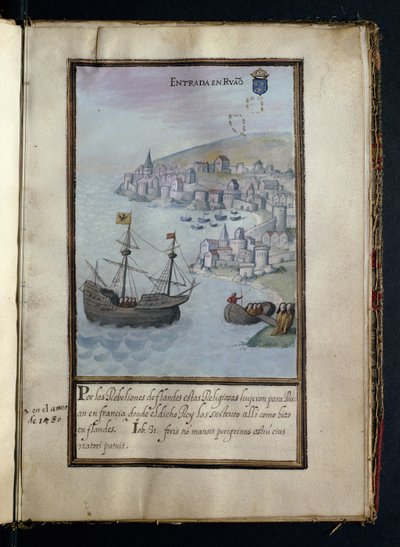 Ankomst til Rouen, fra en historie om Syon-nonnenes peregrineringer, samlet i Lisboa på begynnelsen av 1600-tallet av Portuguese School