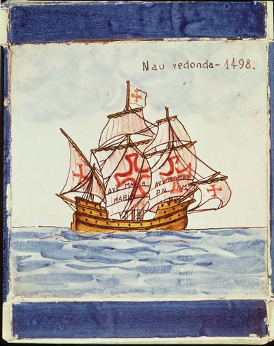 Azulejos-flis som viser et skip, fra Sagres, 1498 (keramikk) av Portuguese School