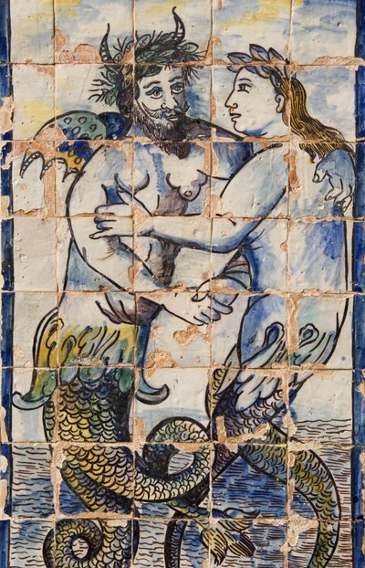 Azulejos-fliser i palasshagen som viser sjødyr (keramikk) av Portuguese School