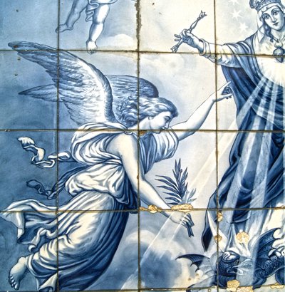 Dekorativt panel som viser erkeengelen Gabriel og Jomfru Maria som knuser en bevinget slange, Lamego, Portugal. 1738 av Portuguese School