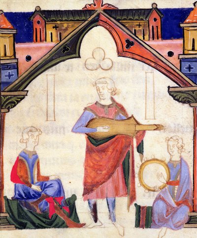 Fol.12v Musikere som spiller gitar og tamburin, fra Chansonnier des Nobles av Portuguese School