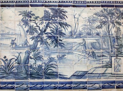Innsjøfiskere i Asia - Azulejos, malt fajanse av Portuguese School