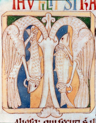 Brevpapirdekor av hegre og fisk. Miniatyr fra manuskriptet "" Testamentum Vetus"" fra Sancta Cruz de Coimbra. 1100-tallet. Porto, kommunalt bibliotek av Portuguese School