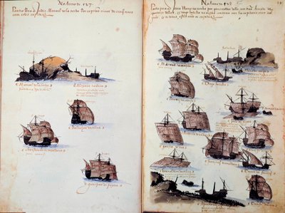 Manuskriptside "" Minnesmerker over armadaene i Portugal under kong Manuel I (1469-1521)"" som representerer de portugisiske flåtene. 1523 B.N. Paris av Portuguese School
