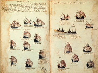Manuskriptside "" Minnesmerker over armadaene i Portugal under kong Manuel I (1469-1521)"" som representerer de portugisiske flåtene. 1533 B.N. Paris av Portuguese School