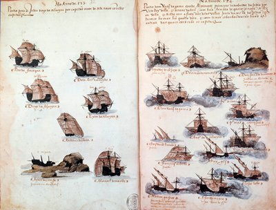 Manuskriptside "" Minnesmerker over armadaene i Portugal under kong Manuel I (1469-1521)"" som representerer de portugisiske flåtene. 1523 B.N. Paris av Portuguese School