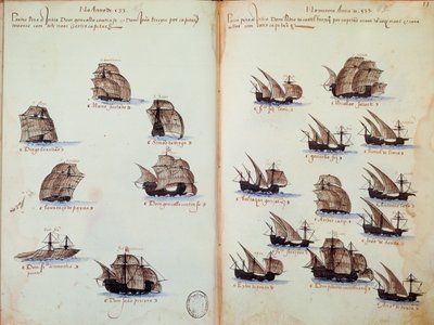 Manuskriptside "" Minnesmerker over armadaene i Portugal under kong Manuel I (1469-1521)"" som representerer de portugisiske flåtene av Portuguese School