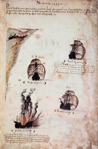 Manuskriptside "" Minnesmerker over armadaene i Portugal under kong Manuel I (1469-1521)"" som representerer de portugisiske flåtene i året 1497. 1523 f.Kr. Paris av Portuguese School