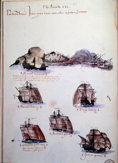Manuskriptside "" Minner om armadaene i Portugal under kong Manuel I (1469-1521)" som representerer de portugisiske flåtene av året 1497. 1500 Lisboa, Nasjonalmuseet for antikk kunst av Portuguese School