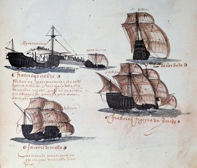Minnesmerker over Armadas i Portugal under kong Manuel I (1469-1521): representasjon av karavellene til den portugisiske flåten. Miniatyr fra et manuskript fra 1497. Lisboa. Nasjonalmuseet for antikk kunst av Portuguese School