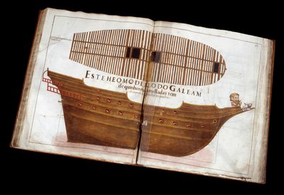Sjøarkitektur: side av den arkitektoniske avhandlingen (Livro de Tracas de Carpintaria) av Manuel Fernandez: kutte et skip av Portuguese School